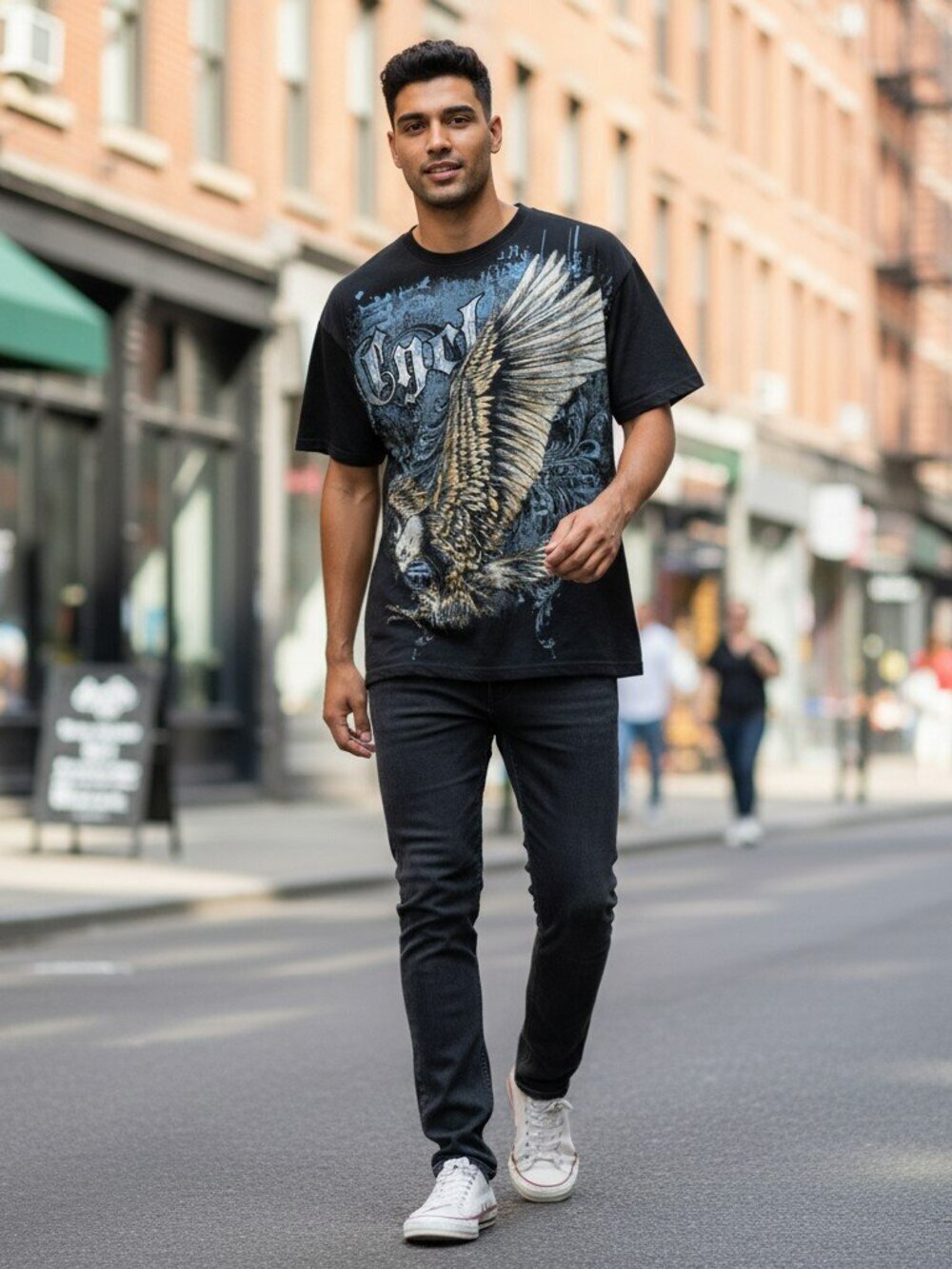 T26 Mens Medium Black Eagles Raised Letter Graphic Tee T Shirt Casual Top Size M
